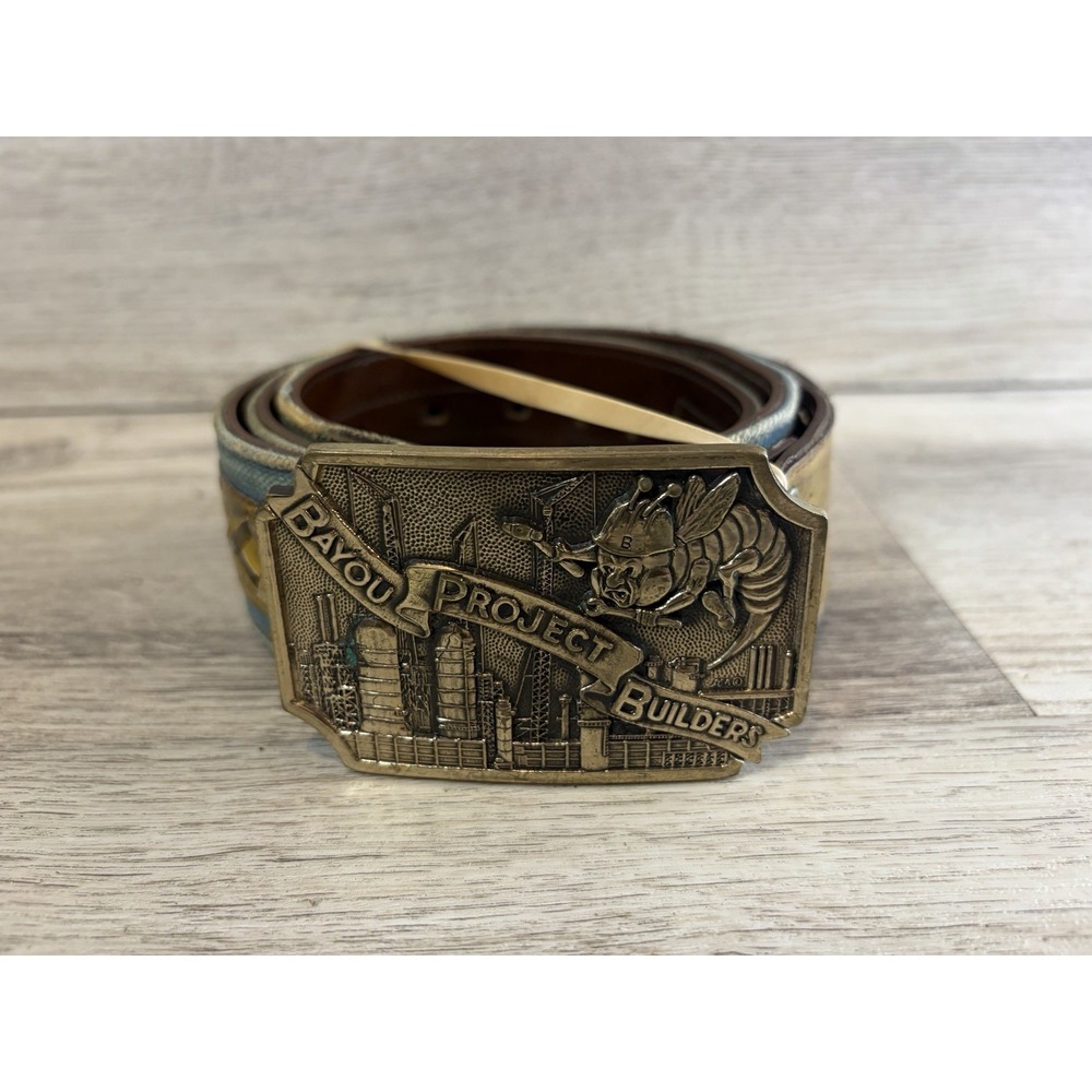 Vintage Denim Leather Belt Mens 36 Brown Blue Brass Buckle Norman Company